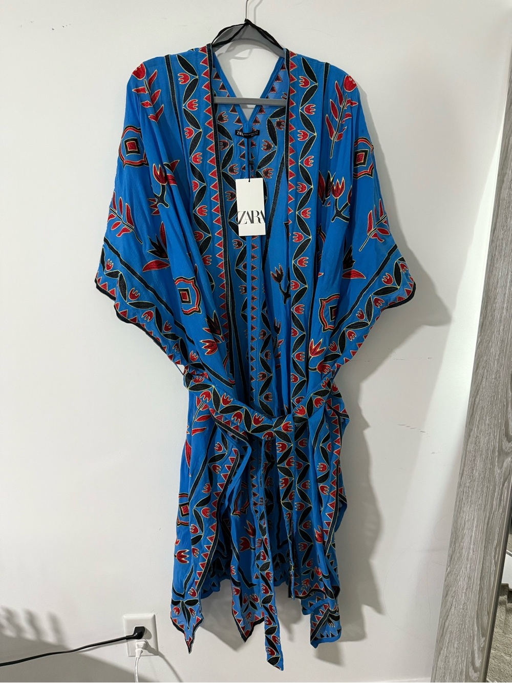 NWT Zara Embroidered Printed Kaftan Kimono Belted Cover-Up Blue